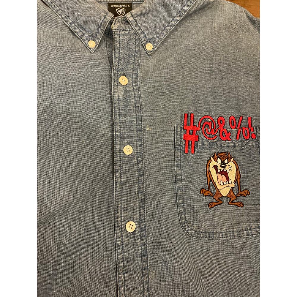 VTG 90s Warner Bros Denim Shirt Mens Size XL Button Up Blue Taz Looney Tunes - Picture 5 of 12